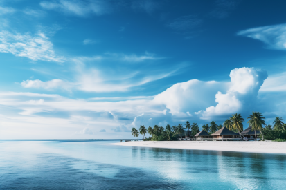 A beach with a hut and trees