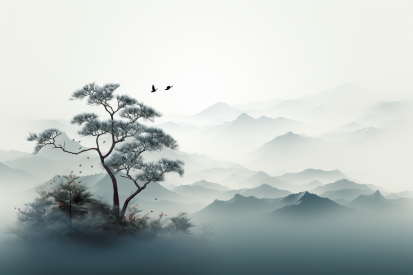 A tree and mountains with birds flying