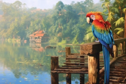 A colorful parrot on a wooden railing overlooking a body of water