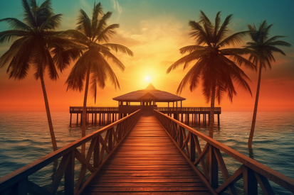 A dock leading to a building with palm trees
