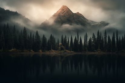 A mountain range with trees and water