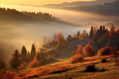 A foggy landscape with trees and houses