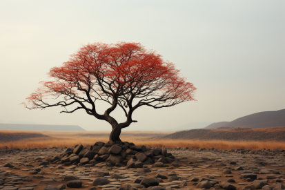 A tree with red leaves on a rocky ground