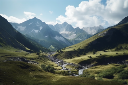 A valley with a stream running through it