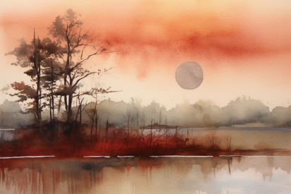 Watercolor painting of a lake with trees and a sunset