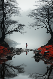 A person standing on a rocky shore with trees and red plants