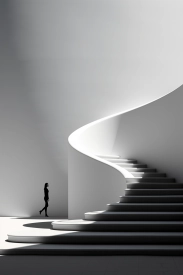 A woman walking up a spiral staircase