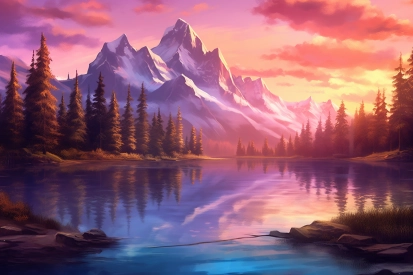 A mountain lake with trees and a pink sky