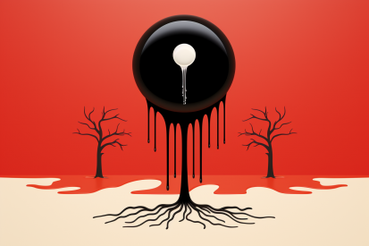 A black circle with white ball and roots