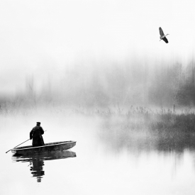 Beautiful fantasy picture on the lake with boat