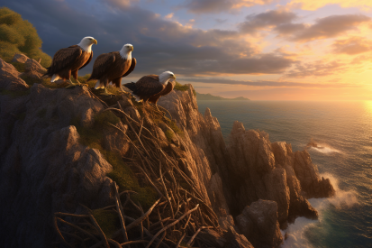 A group of eagles standing on a cliff