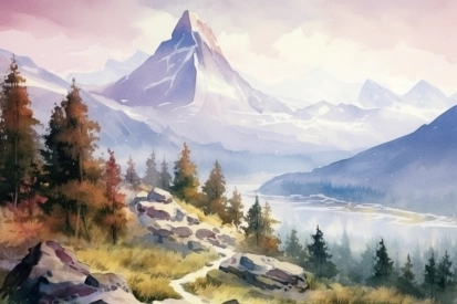 A watercolor painting of a mountain range