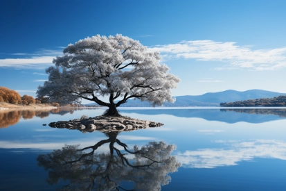 A tree on a small island in a lake