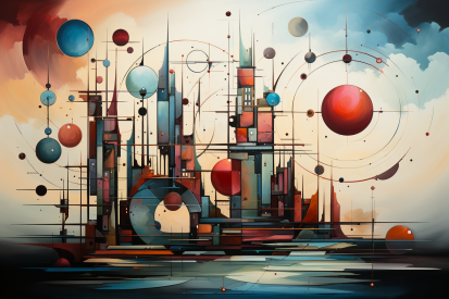 A painting of a city with circles and circles