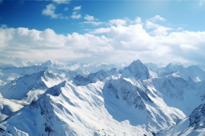 A snowy mountain tops with blue sky and clouds