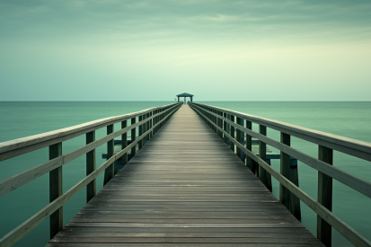 A wooden dock with railings leading to the ocean