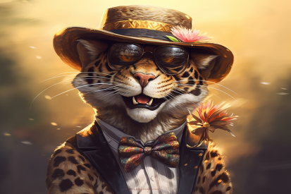 A cheetah wearing a hat and sunglasses