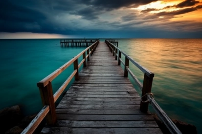 A wooden dock leading to the ocean