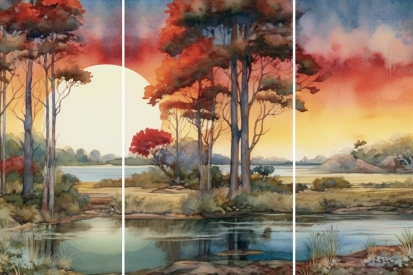 A watercolor painting of trees and a lake
