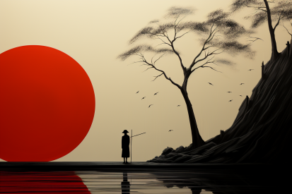 A person standing on a rock with a red sun behind it