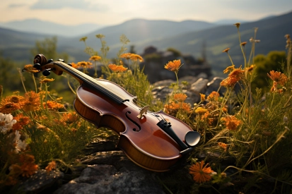 a violin lying on a rock with flowers