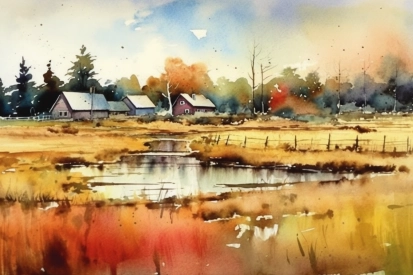 Watercolor painting of houses and a pond in a field