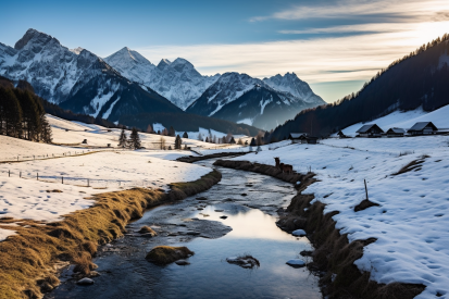 A river running through a snowy valley