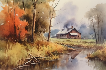 A watercolor painting of a house and a stream