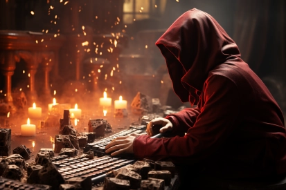 a person in a red hoodie using a computer
