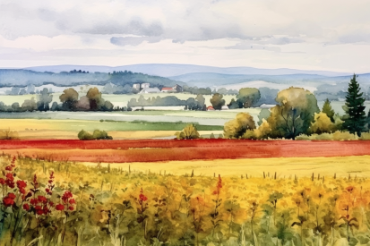 A watercolor painting of a field of flowers and trees