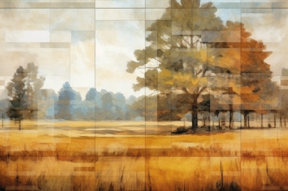 A painting of a tree in a field