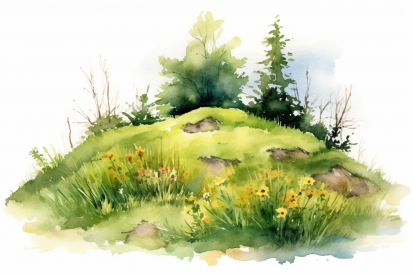 A watercolor painting of a hill with grass and flowers