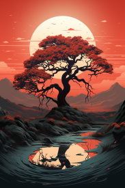 A tree with red leaves on a rocky hill