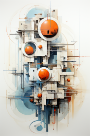 A painting of a group of orange circles and squares