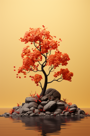 A tree with orange leaves growing out of rocks