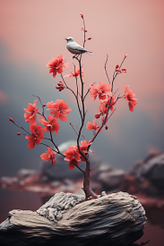 A bird on a tree with flowers