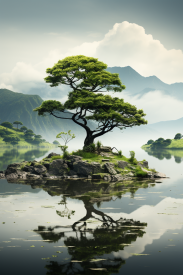 A tree on a small island in water