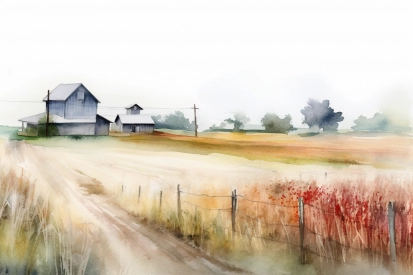 Watercolor of a farm with a fence and a house