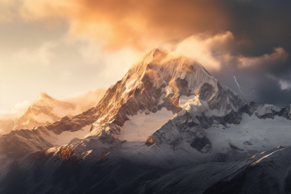 A mountain with snow and clouds