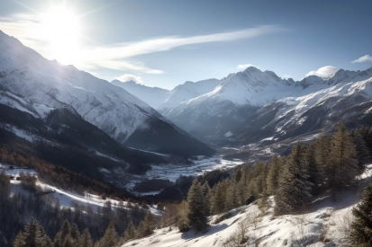 A snowy mountains with trees and a valley