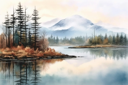 Watercolor painting of a lake with trees and mountains in the background