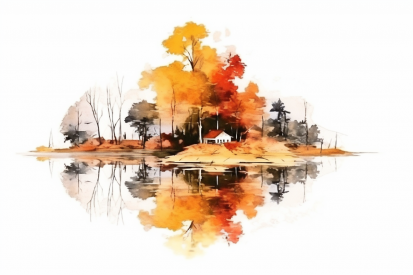A watercolor painting of a house on an island with trees and a white background
