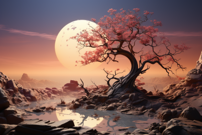 A tree with pink flowers on rocks and a moon in the background