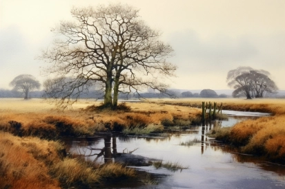 A watercolor painting of a river with a tree and grass