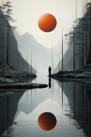 A person standing in a river with trees and a red ball in the sky