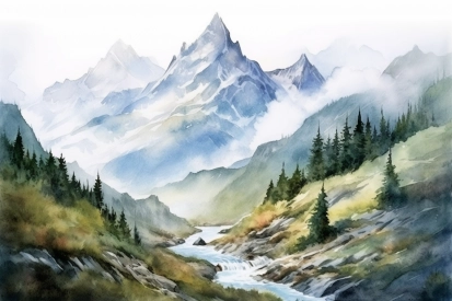 Watercolor of a river running through a valley with trees and mountains