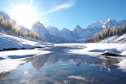 A river with snow and trees in front of mountains