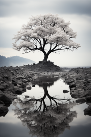 A tree with white blossoms on a rocky hill