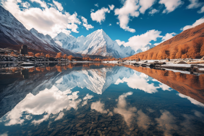 A lake with mountains and clouds in the sky