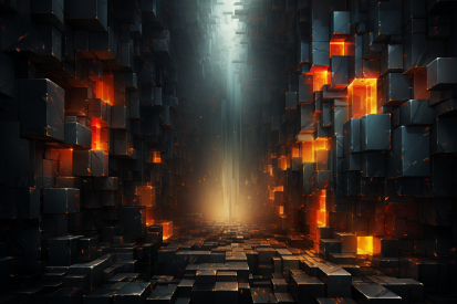 A dark room with cubes and fire